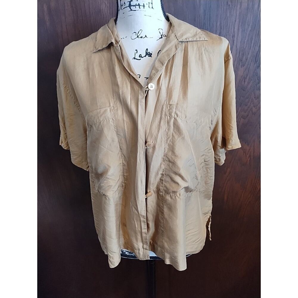 New York Studio Size Small Shirt Blouse Tan Silk short sleeve boxy lagenlook